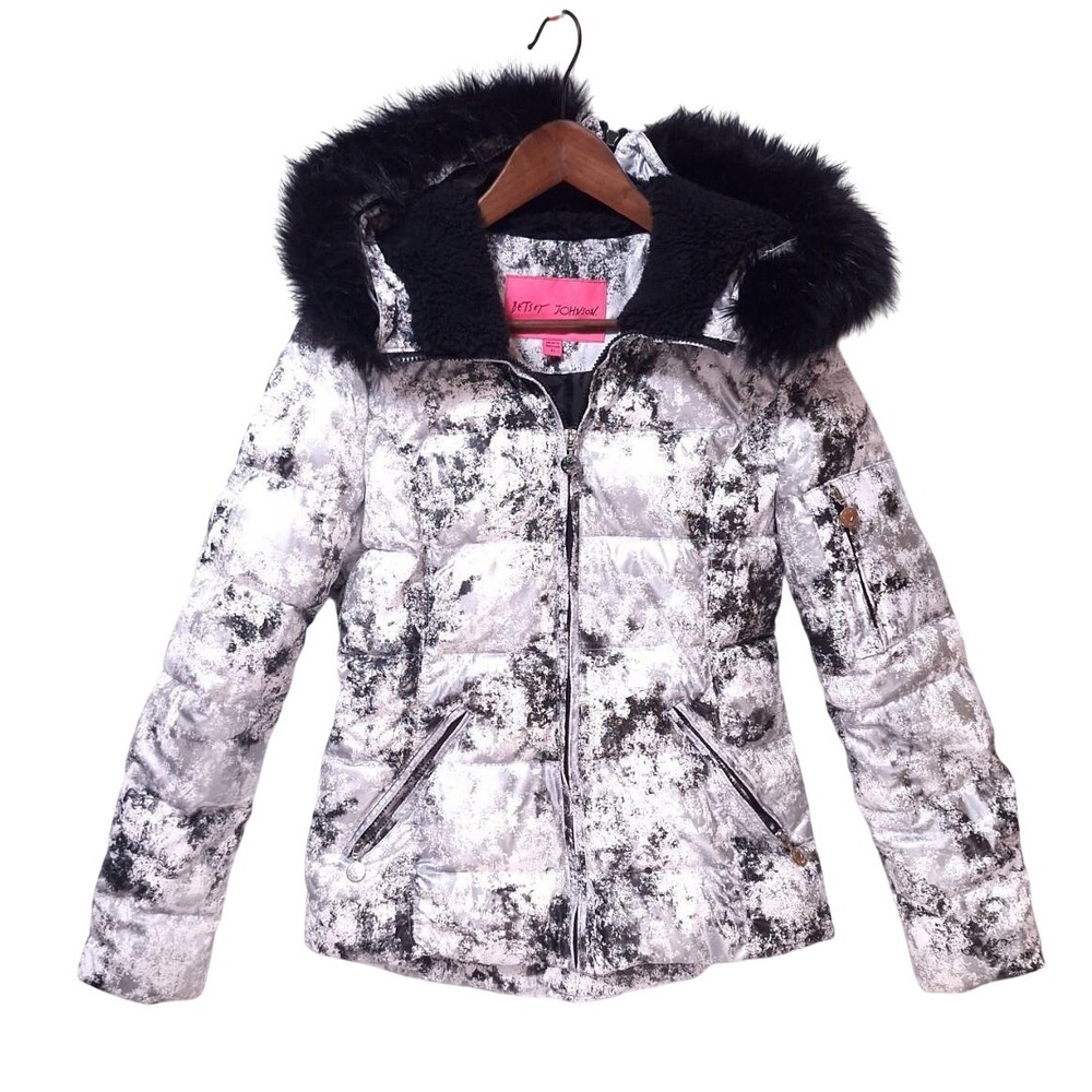 Betsey Johnson Puffer Jacket Marble Print Coat Faux Fur Trim Hood Women Sz XS‎